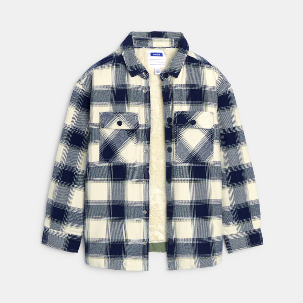 قميص فوقي مربعات، الداخل من صوف الشيربا، اللون بيج للأولاد